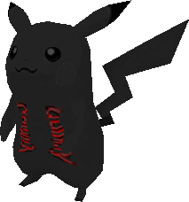 An unused dummy model resembling a small black Pikachu with red words on its body