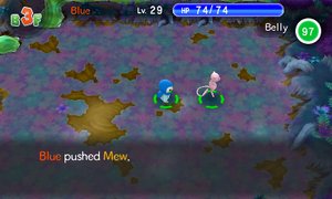 A Piplup pushing a Mew.